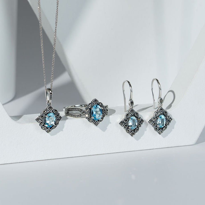 Art Deco Style Oval Blue Topaz & Marcasite Drop Earrings in Sterling Silver