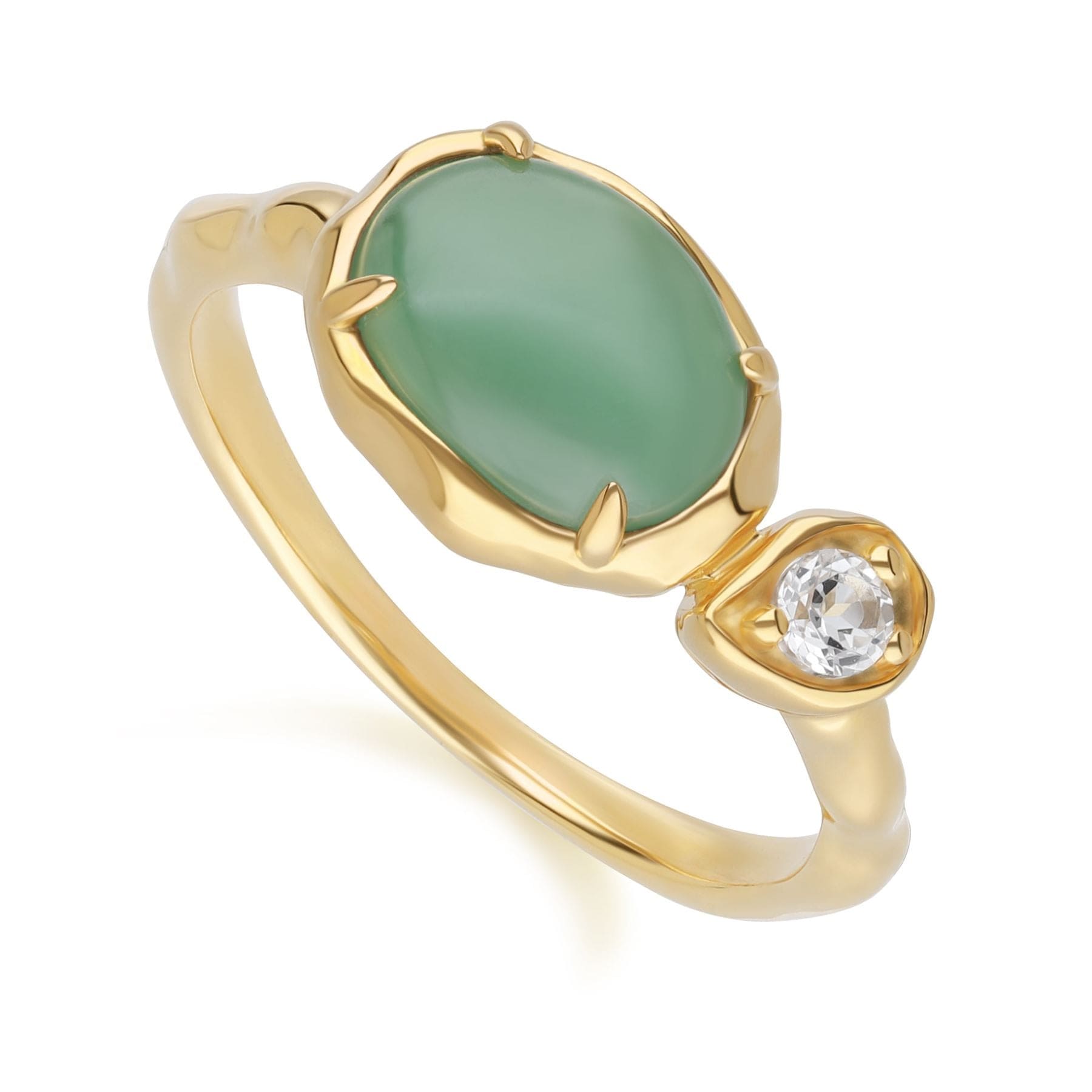 Irregular Oval Dyed Green Jade & Topaz Ring In 18ct Gold Plated SterlIng Silver