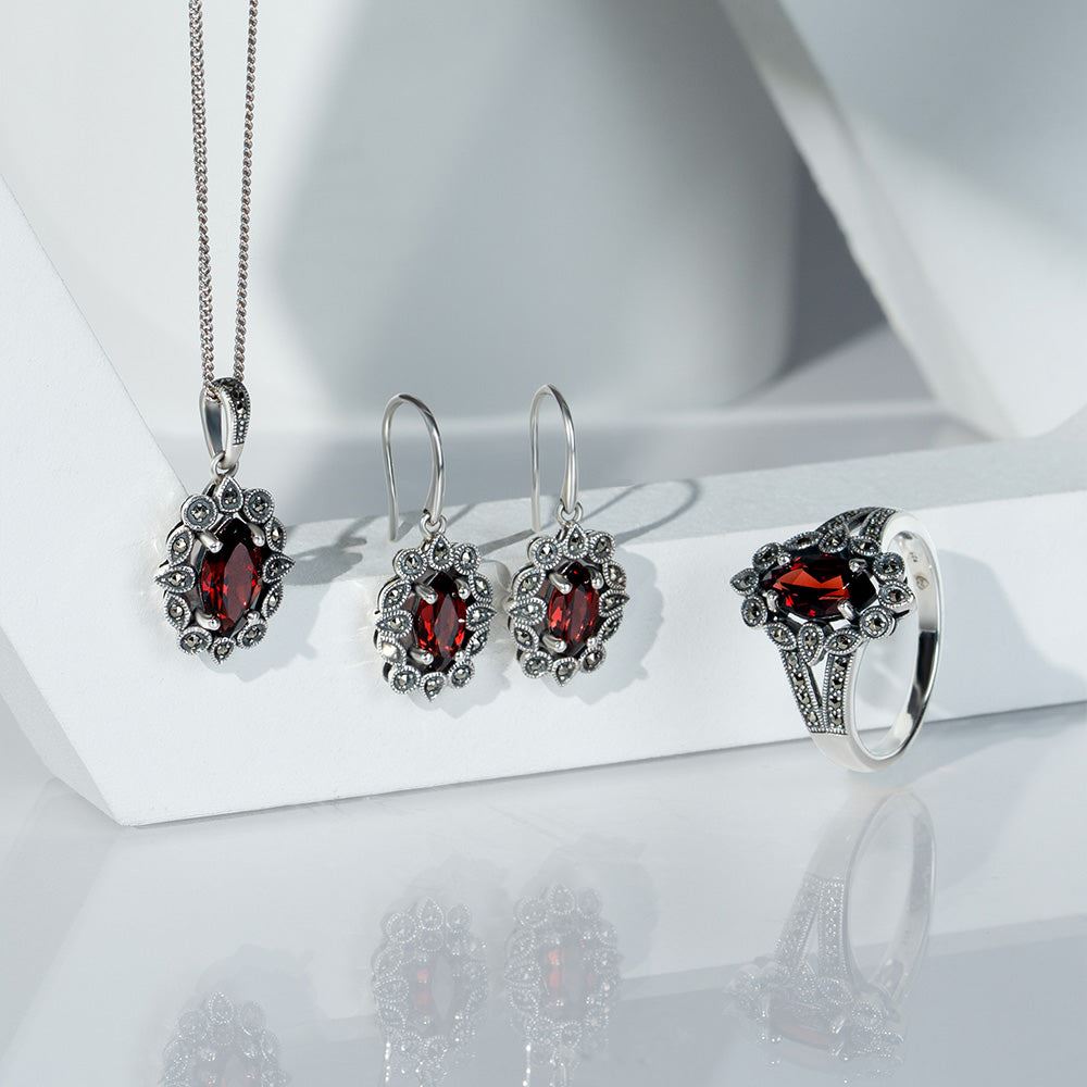 Art Deco Style Marquise Garnet & Marcasite Ring in Sterling Silver