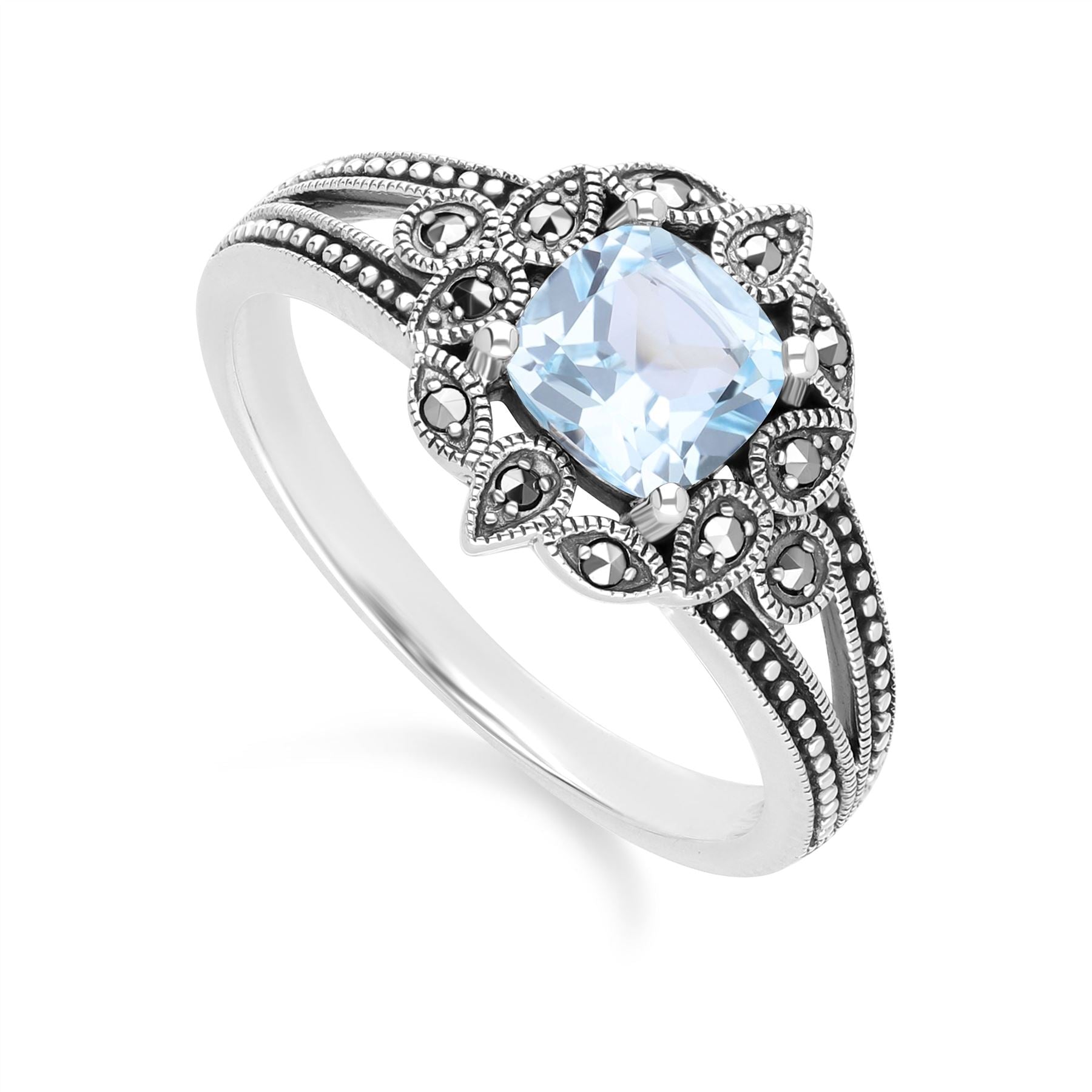 Art Deco Style Cushion Blue Topaz & Marcasite Ring in Sterling Silver