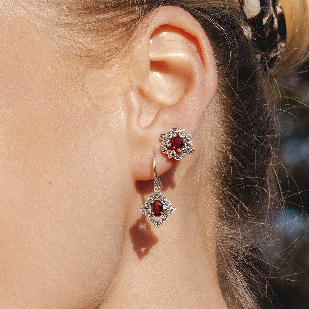Art Deco Style Oval Garnet & Marcasite Drop Earrings in Sterling Silver