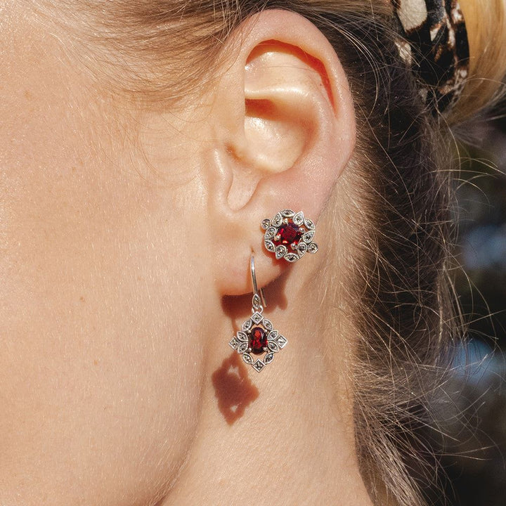 Art Deco Style Oval Garnet & Marcasite Drop Earrings in Sterling Silver