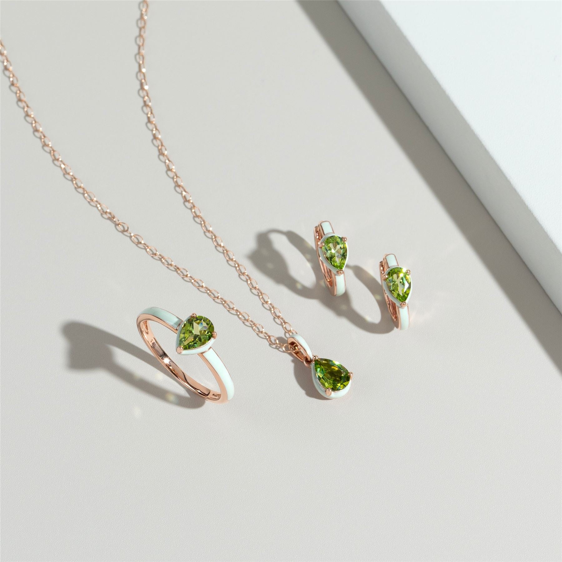Siberian Waltz Green Enamel & Pear Peridot Pendant Necklace In Rose Gold Vermeil