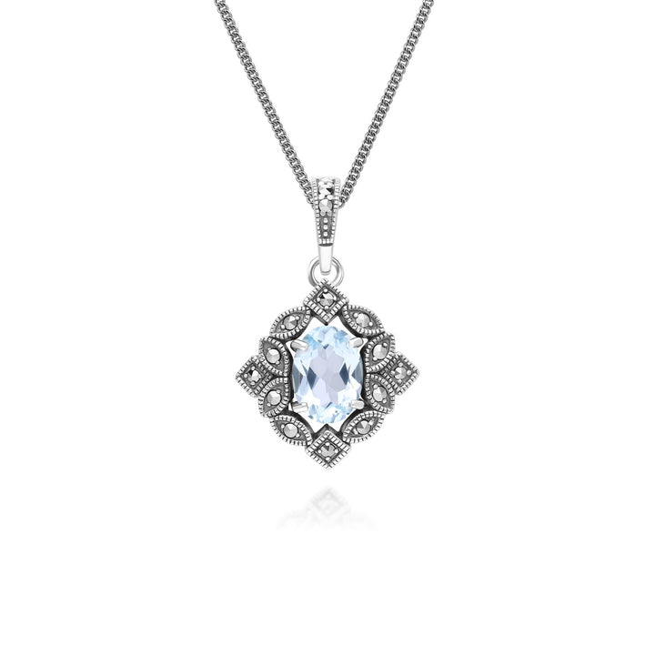 Art Deco Style Oval Blue Topaz & Marcasite Pendant Necklace in Sterling Silver