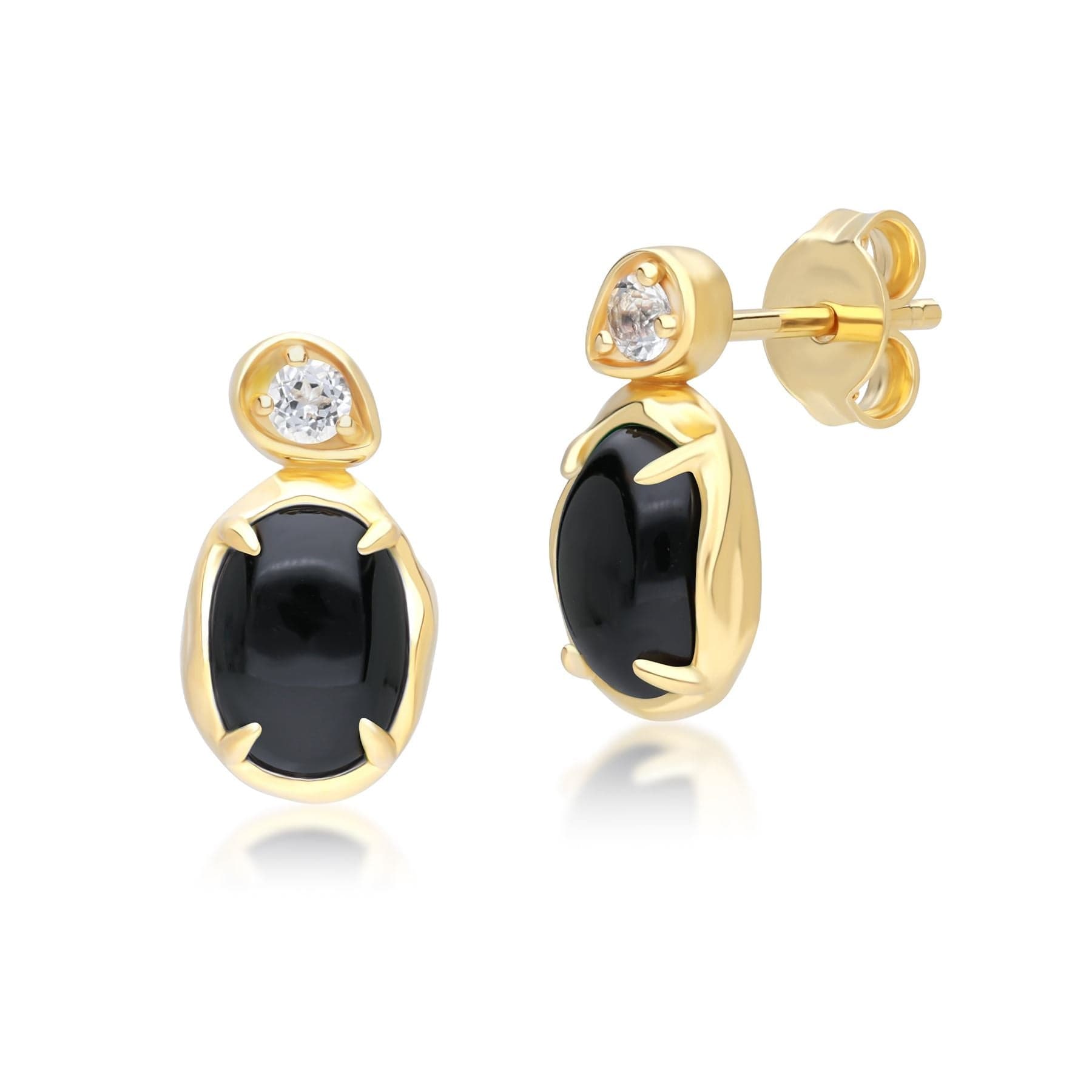 253E418803925 Irregular Oval Black Onyx & Topaz Drop Earrings In 18ct Gold Plated SterlIng Silver Front