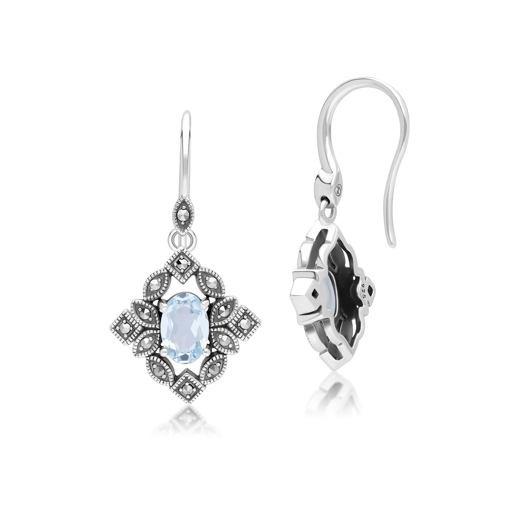 Art Deco Style Oval Blue Topaz & Marcasite Drop Earrings in Sterling Silver