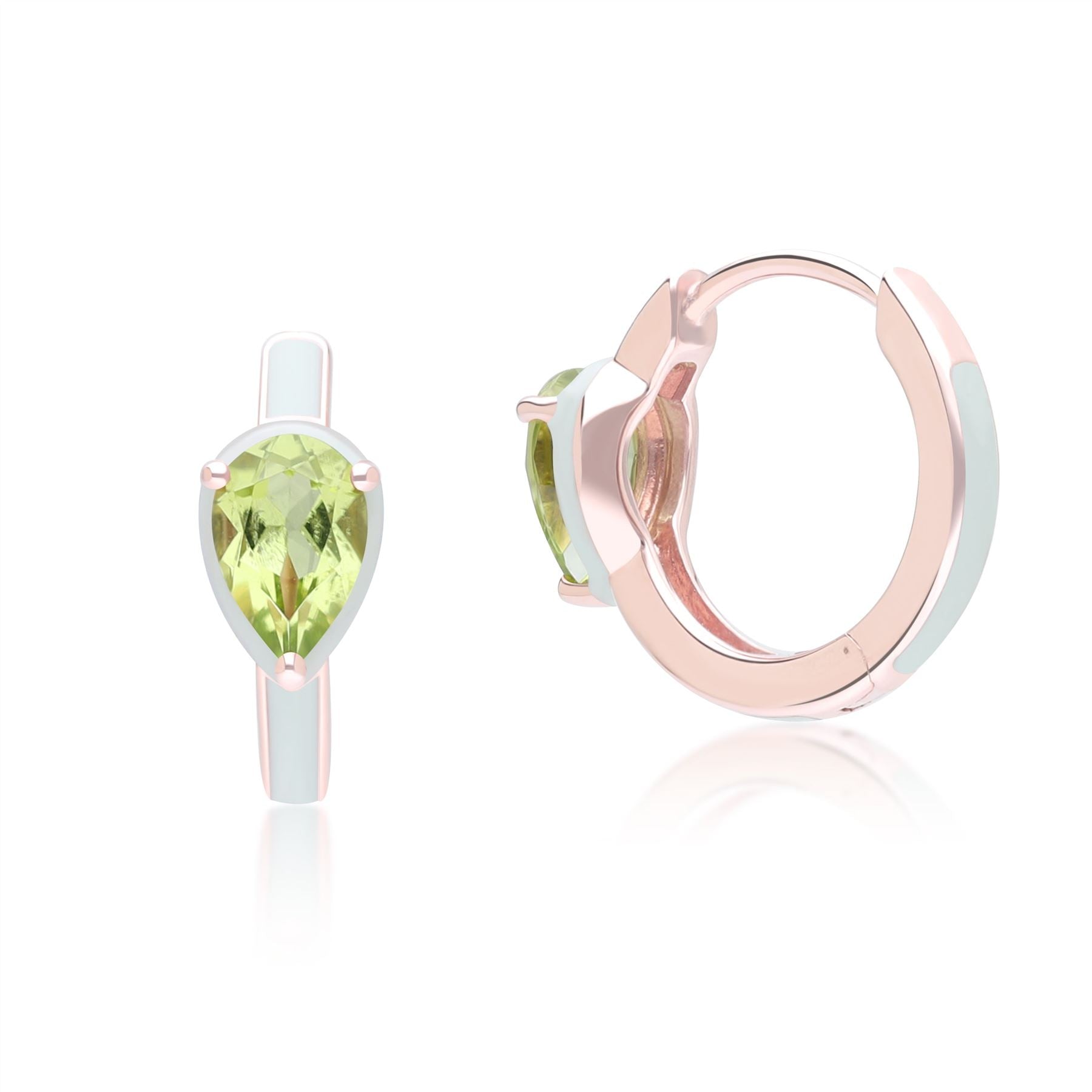 Siberian Waltz Green Enamel & Pear Peridot Hoop Earrings In Rose Gold Vermeil