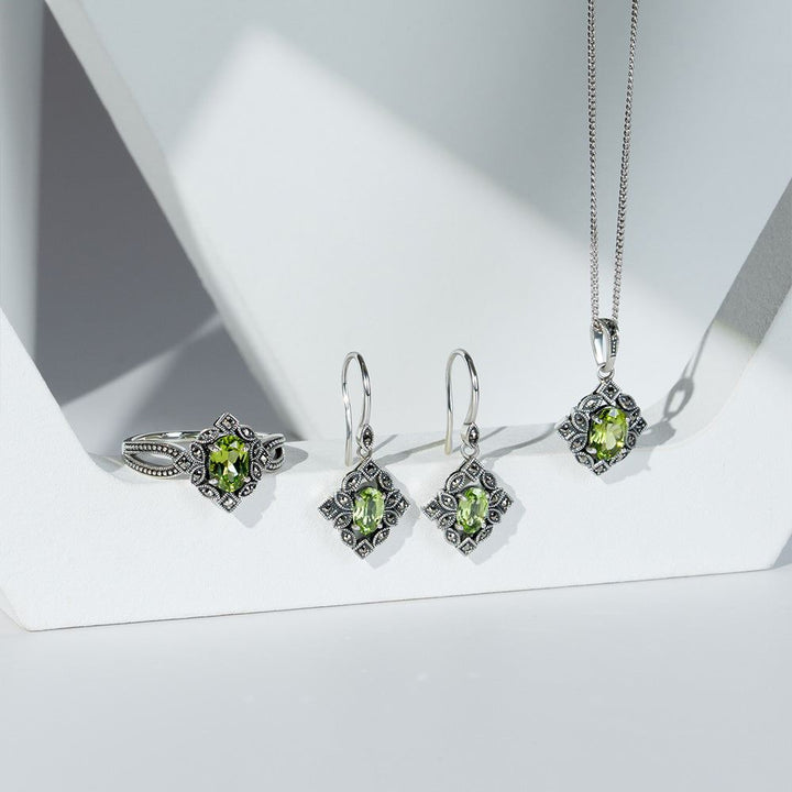Art Deco Style Oval Peridot & Marcasite Ring in Sterling Silver