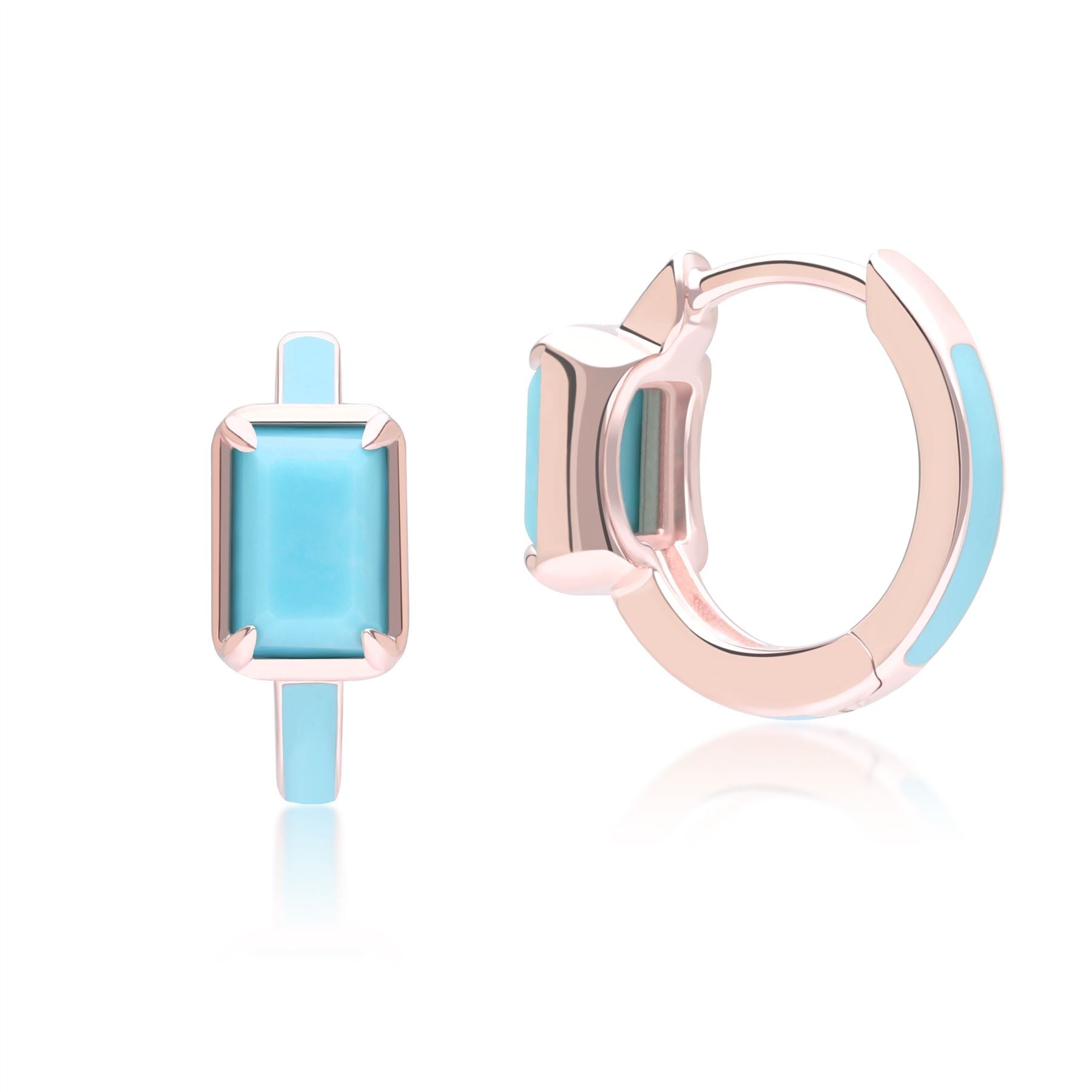Siberian Waltz Blue Enamel & Octagon Turquoise Hoop Earrings In Rose Gold Vermeil