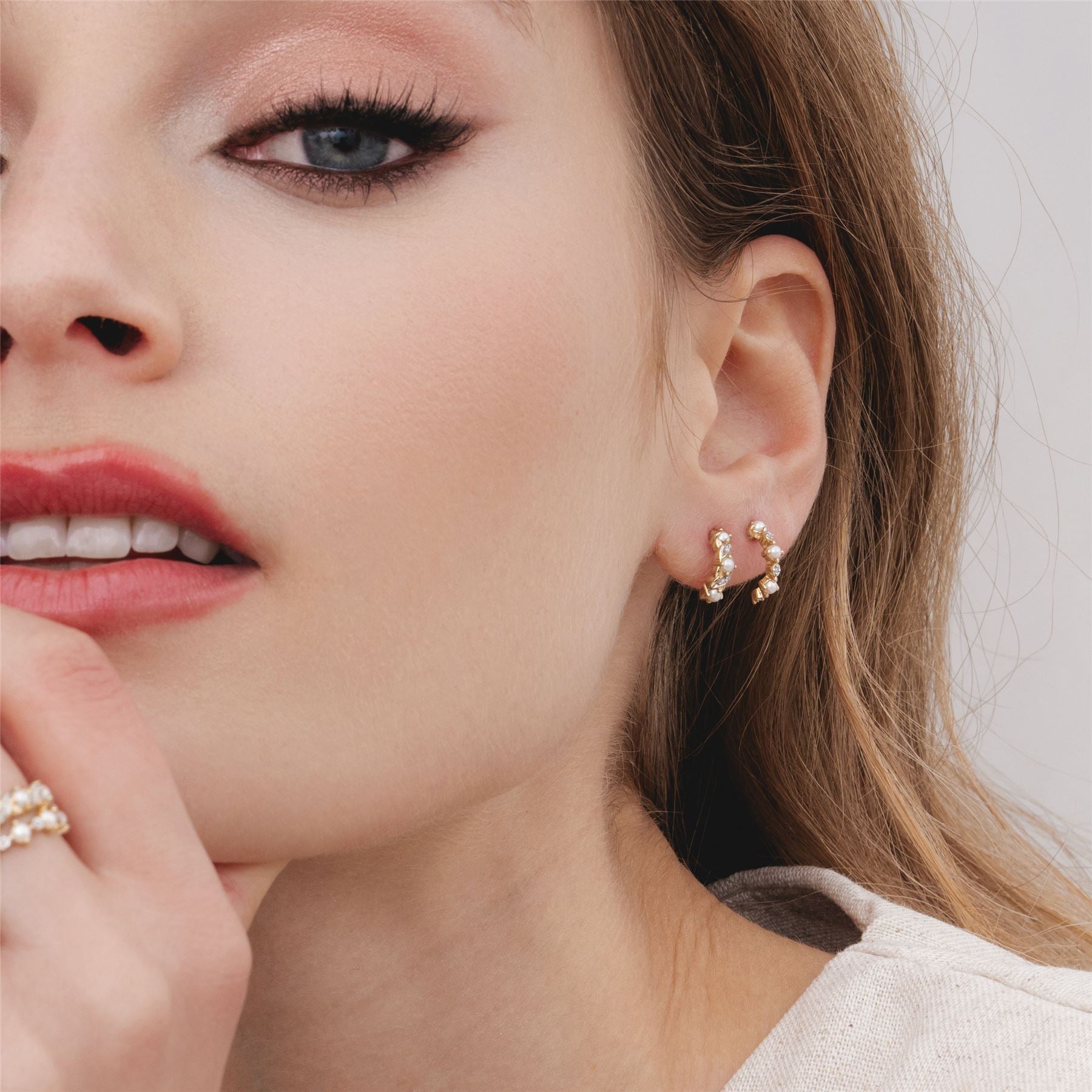 classic-pearl-diamond-half-eternity-hoop-earrings-in-9ct-yellow-gold-135e1884019 on Model