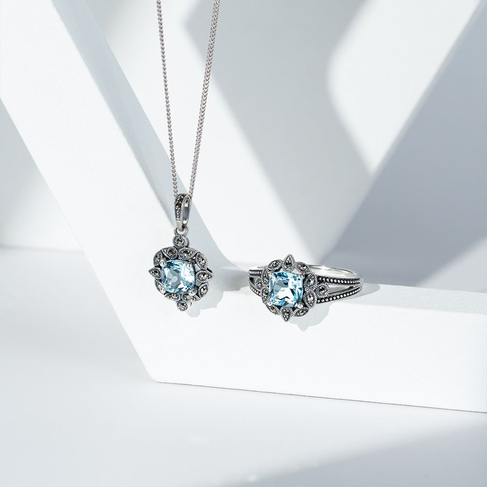 Art Deco Style Cushion Blue Topaz & Marcasite Ring in Sterling Silver