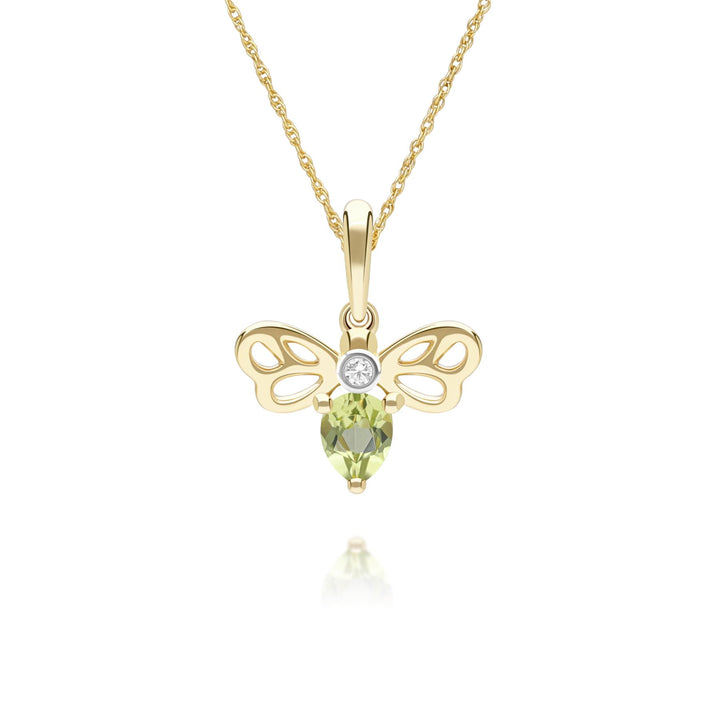 Honeycomb Art Nouveau Pear Shape Peridot and Diamond Bee Pendant Necklace in 9ct Yellow Gold