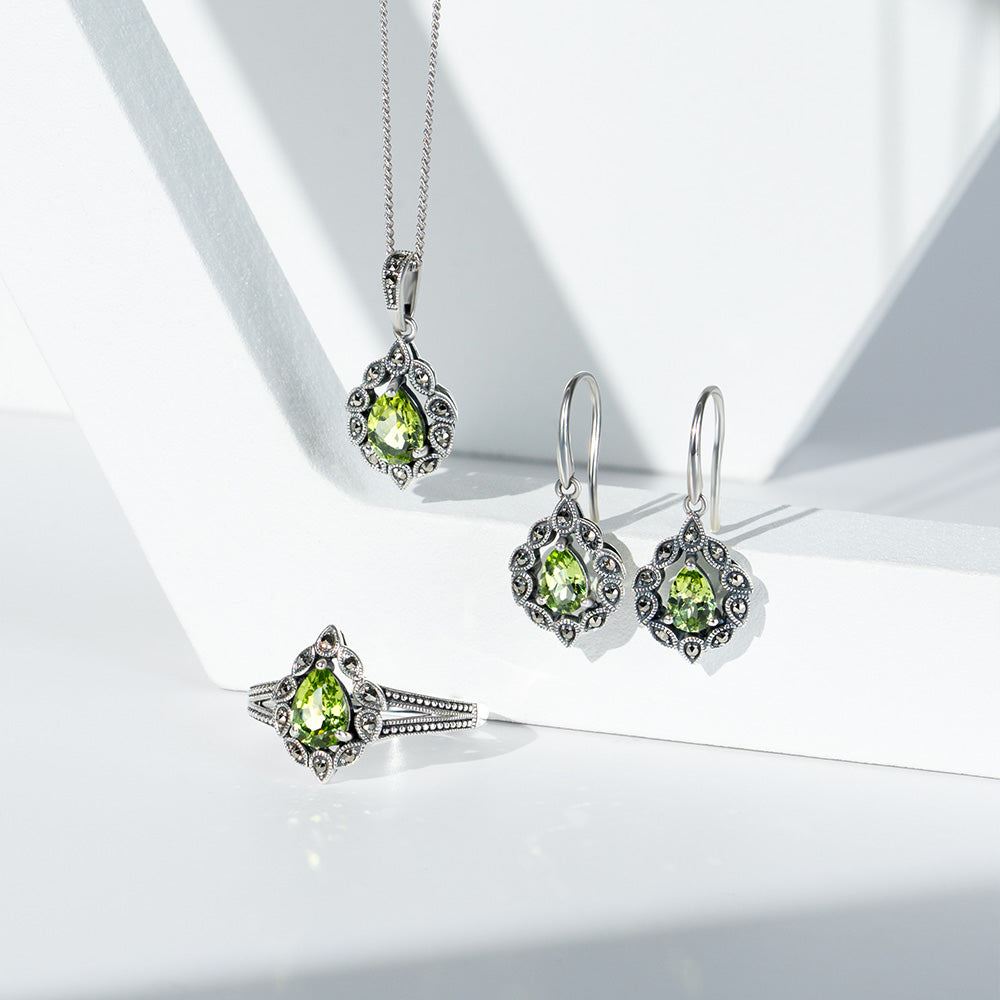 Art Deco Style Pear Peridot & Marcasite Ring in Sterling Silver