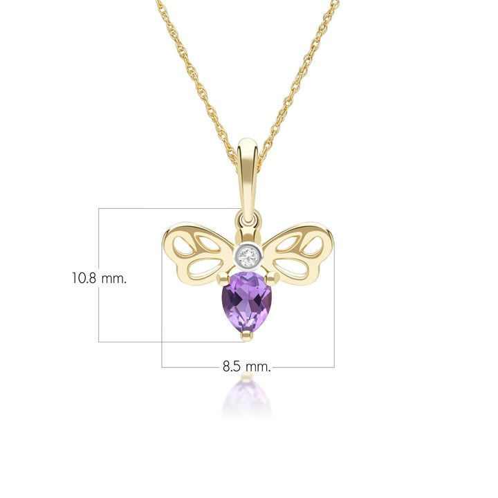 Honeycomb Art Nouveau Pear Shape Amethyst and Diamond Bee Pendant Necklace in 9ct Yellow Gold