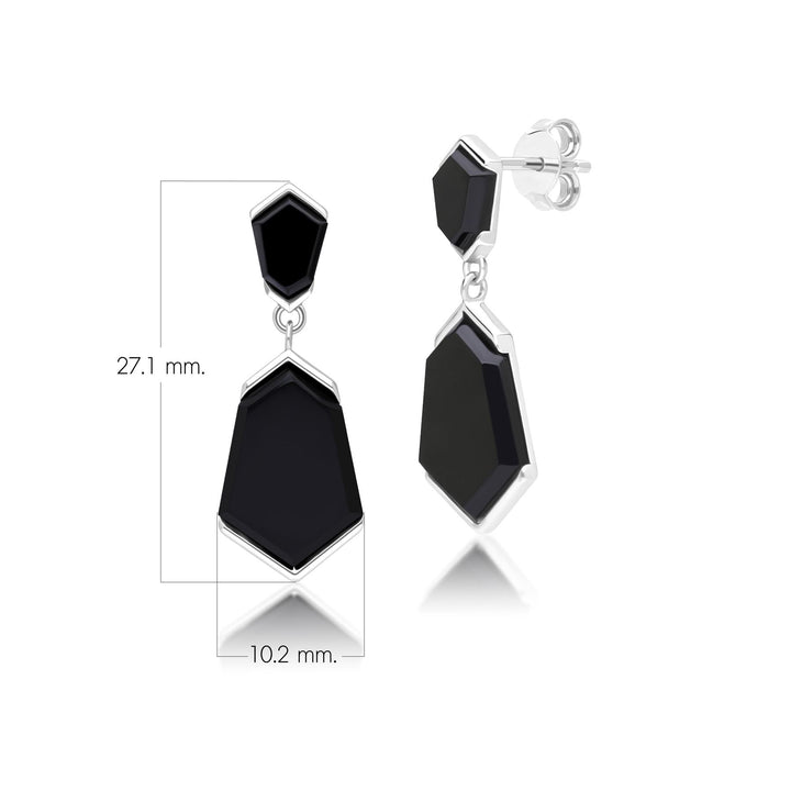 Grand Deco Hexagon Black Onyx Drop Earrings in Sterling Silver