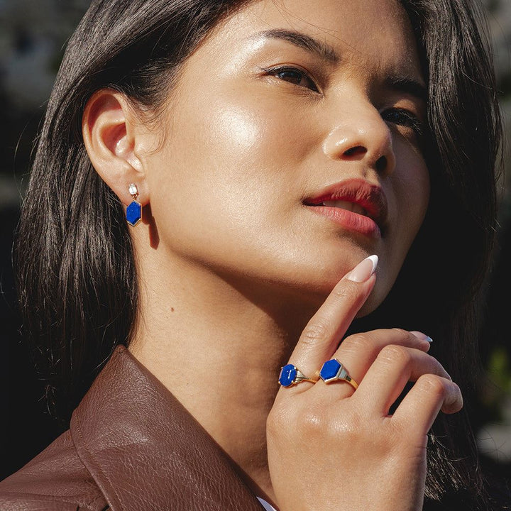 Grand Deco Hexagon Lapis Lazuli & Topaz Drop Earrings in Gold Vermeil