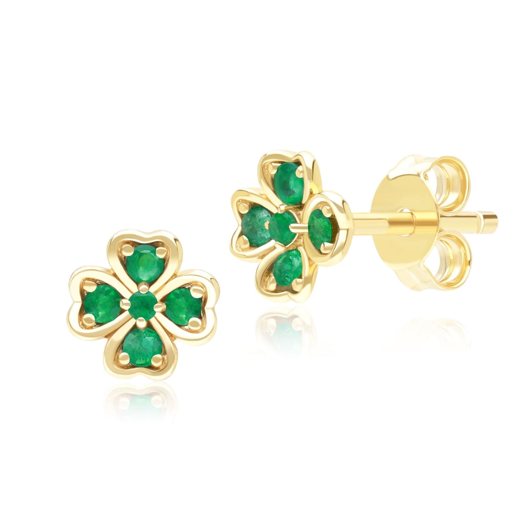 135E1878029 Gardenia Round Emerald Clover Stud Earrings in 9ct Yellow Gold Front