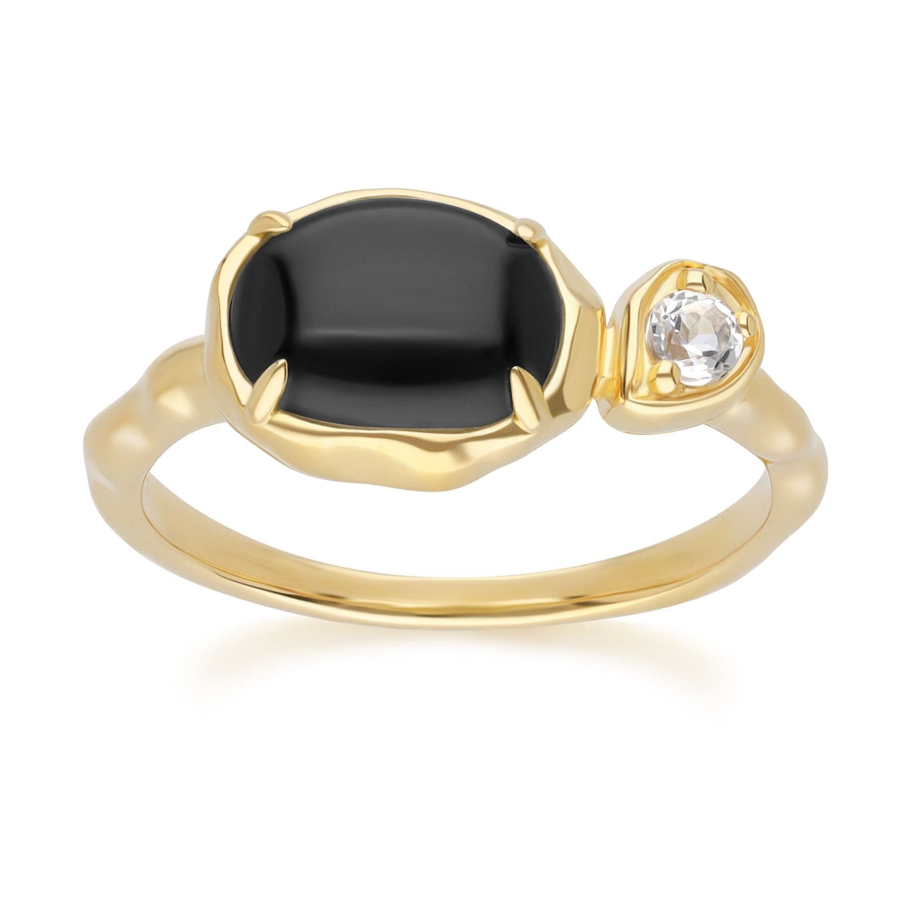 253R710303925 Irregular Oval Black Onyx & White Topaz Ring In 18ct Gold Plated SterlIng Silver Front