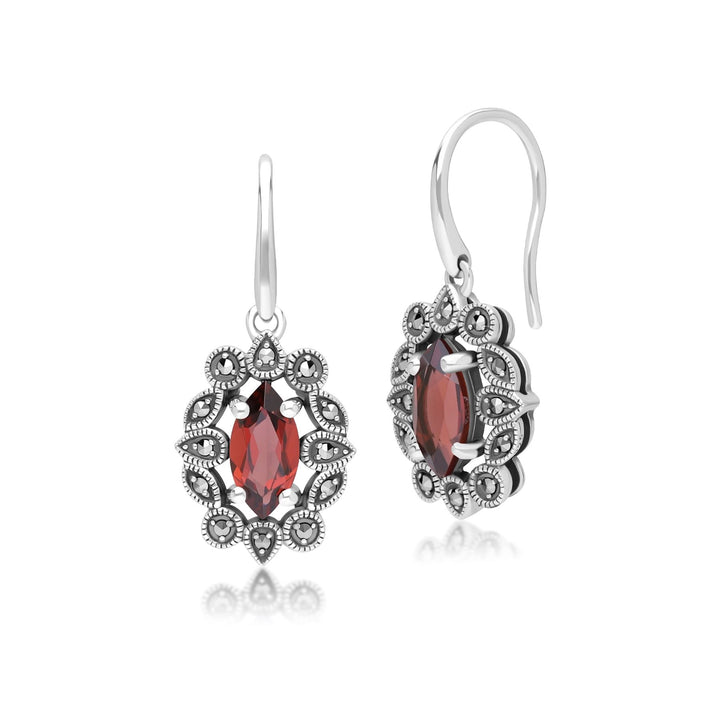 Art Deco Style Marquise Garnet & Marcasite Drop Earrings in Sterling Silver
