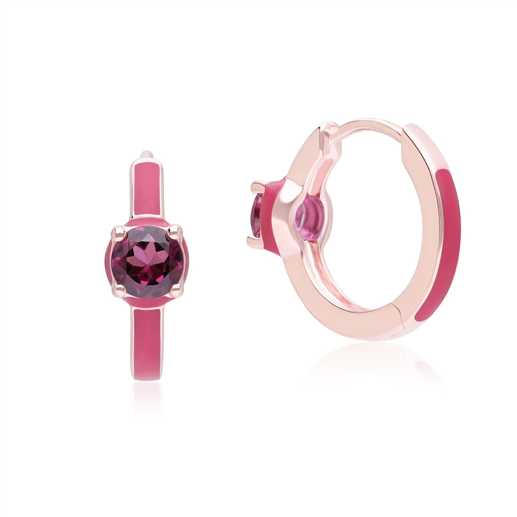 Siberian Waltz Pink Enamel & Round Rhodolite Hoop Earrings In Rose Gold Vermeil