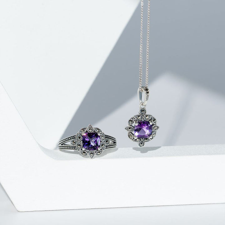 Art Deco Style Cushion Amethyst & Marcasite Ring in Sterling Silver