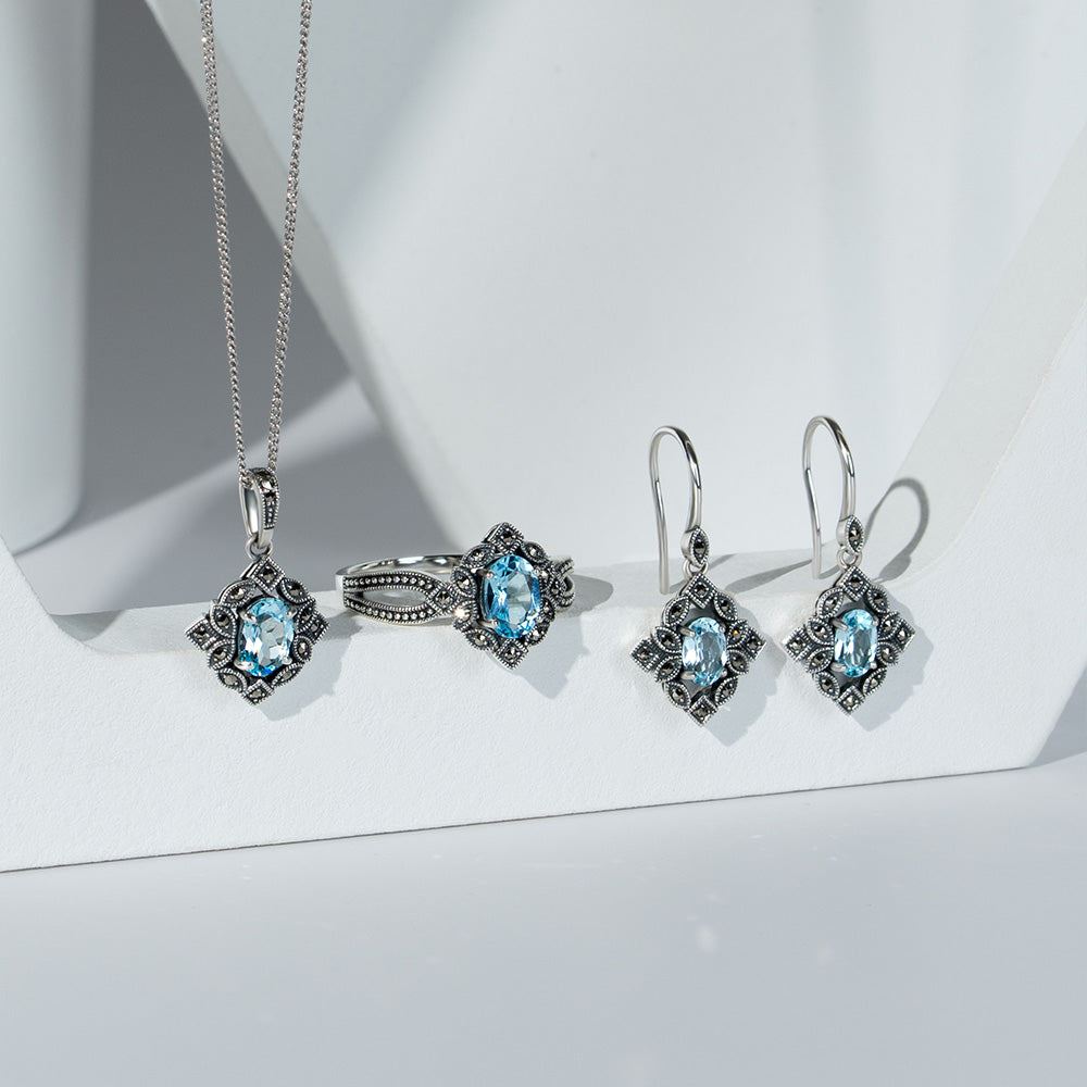 Art Deco Style Oval Blue Topaz & Marcasite Pendant Necklace in Sterling Silver