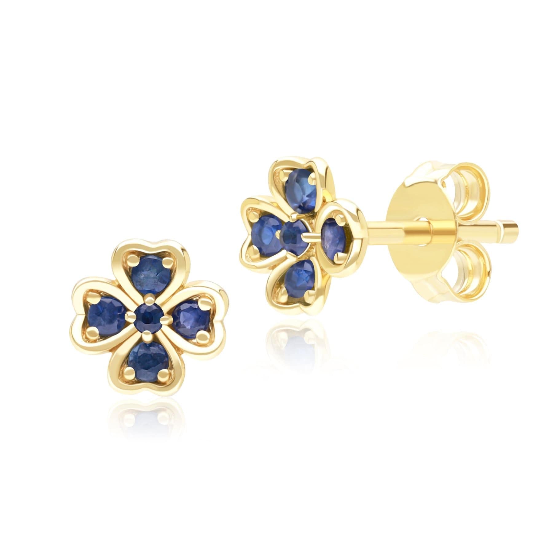 135E1878039 Gardenia Round Sapphire Clover Stud Earrings in 9ct Yellow Gold Front