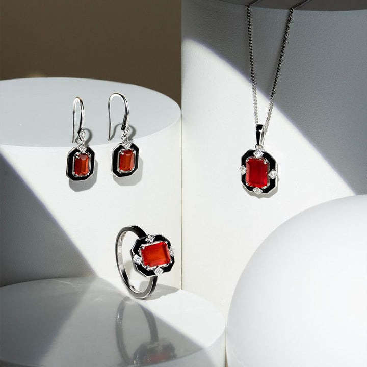 Grand Deco Black Enamel, Carnelian & Topaz Pendant Necklace in Sterling Silver