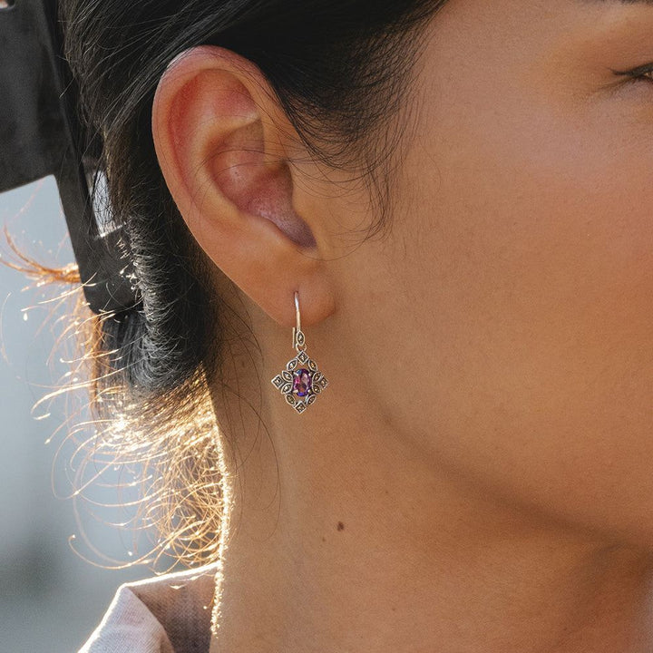 Art Deco Style Oval Amethyst & Marcasite Drop Earrings in Sterling Silver