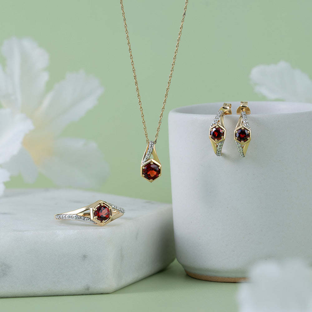 Geometric Hexagon with Prong set Round Garnet and Diamond Half Hoop Earrings in 9ct Yellow Gold