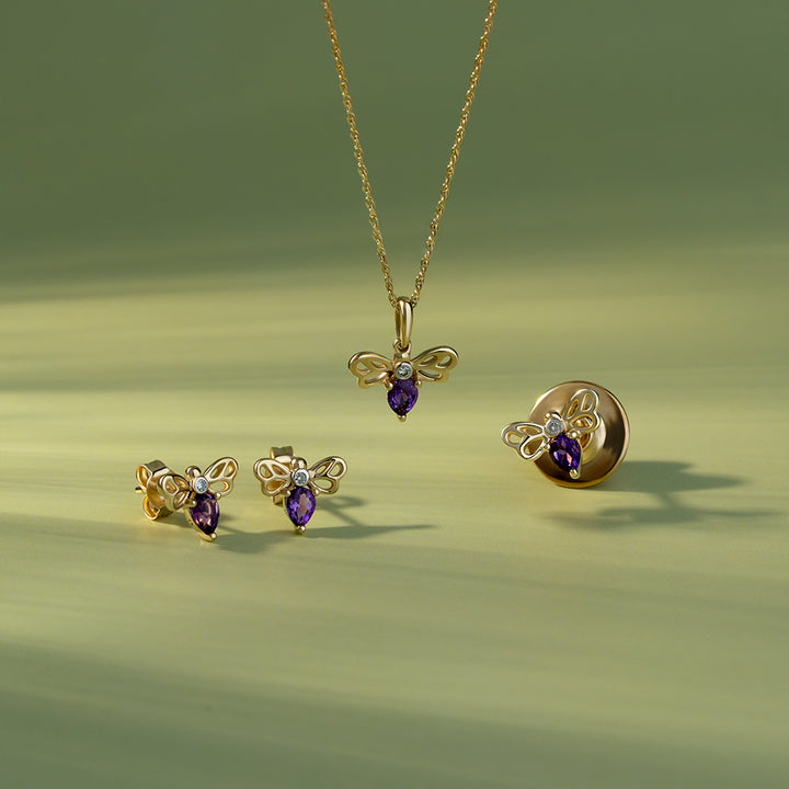 Honeycomb Art Nouveau Pear Shape Amethyst and Diamond Bee Stud Earrings in 9ct Yellow Gold