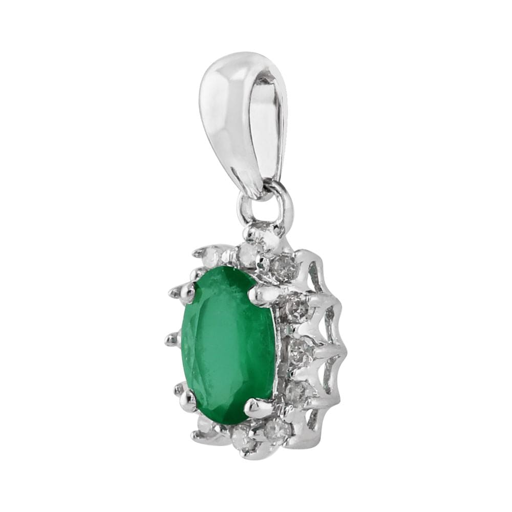 8610-7059 Classic Oval Emerald & Diamond Halo Cluster Stud Earrings & Pendant Set in 9ct White Gold 4