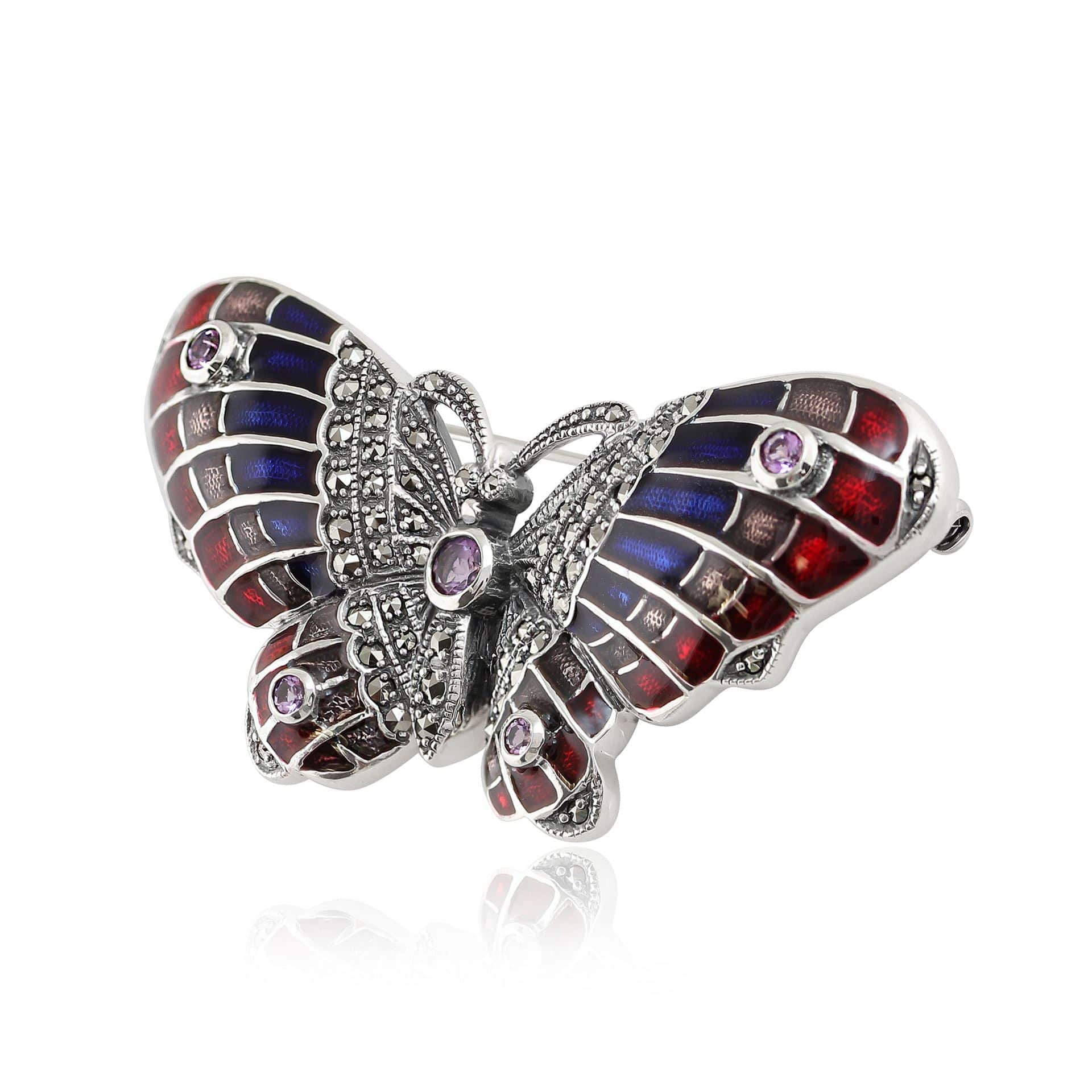 Art Nouveau Marcasite, Amethyst & Enamel Butterfly Brooch Image 2