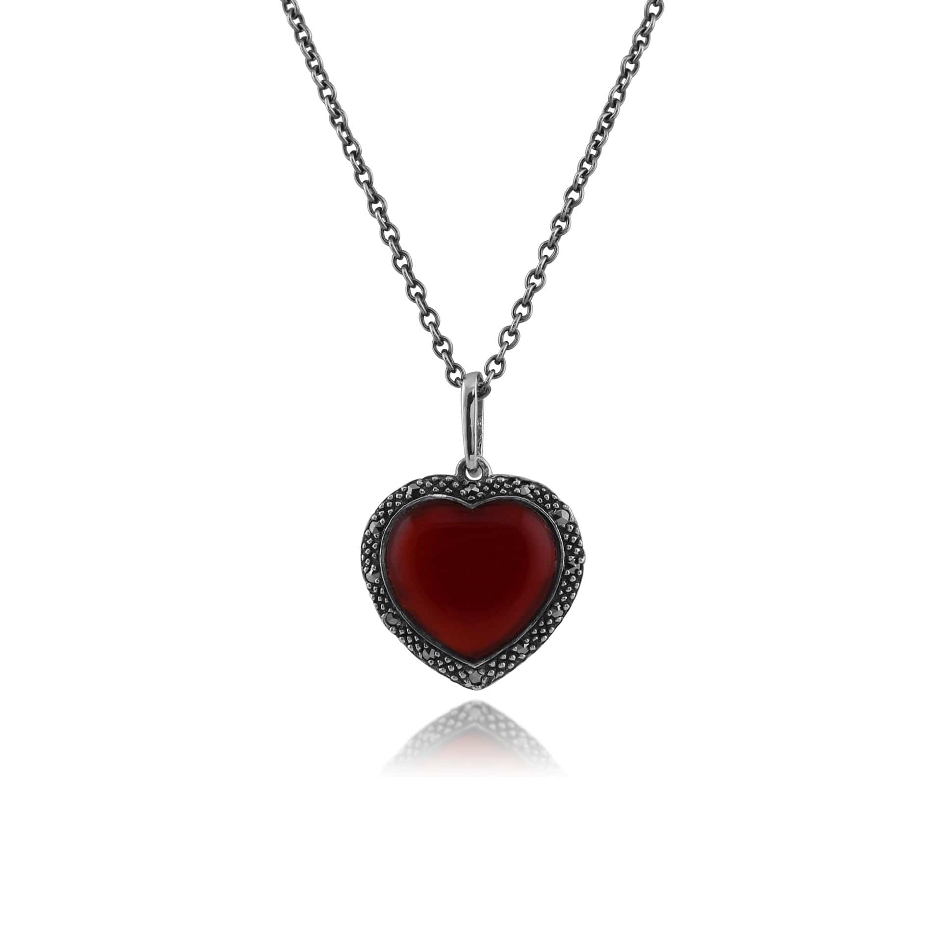 Art Deco Style Heart Carnelian & Marcasite Halo Love Heart Pendant in 925 Sterling Silver - Gemondo