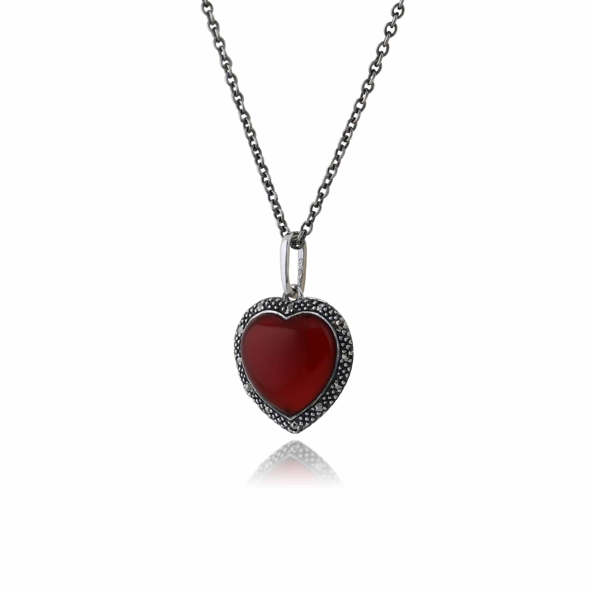 Art Deco Style Heart Carnelian & Marcasite Halo Love Heart Pendant in 925 Sterling Silver - Gemondo