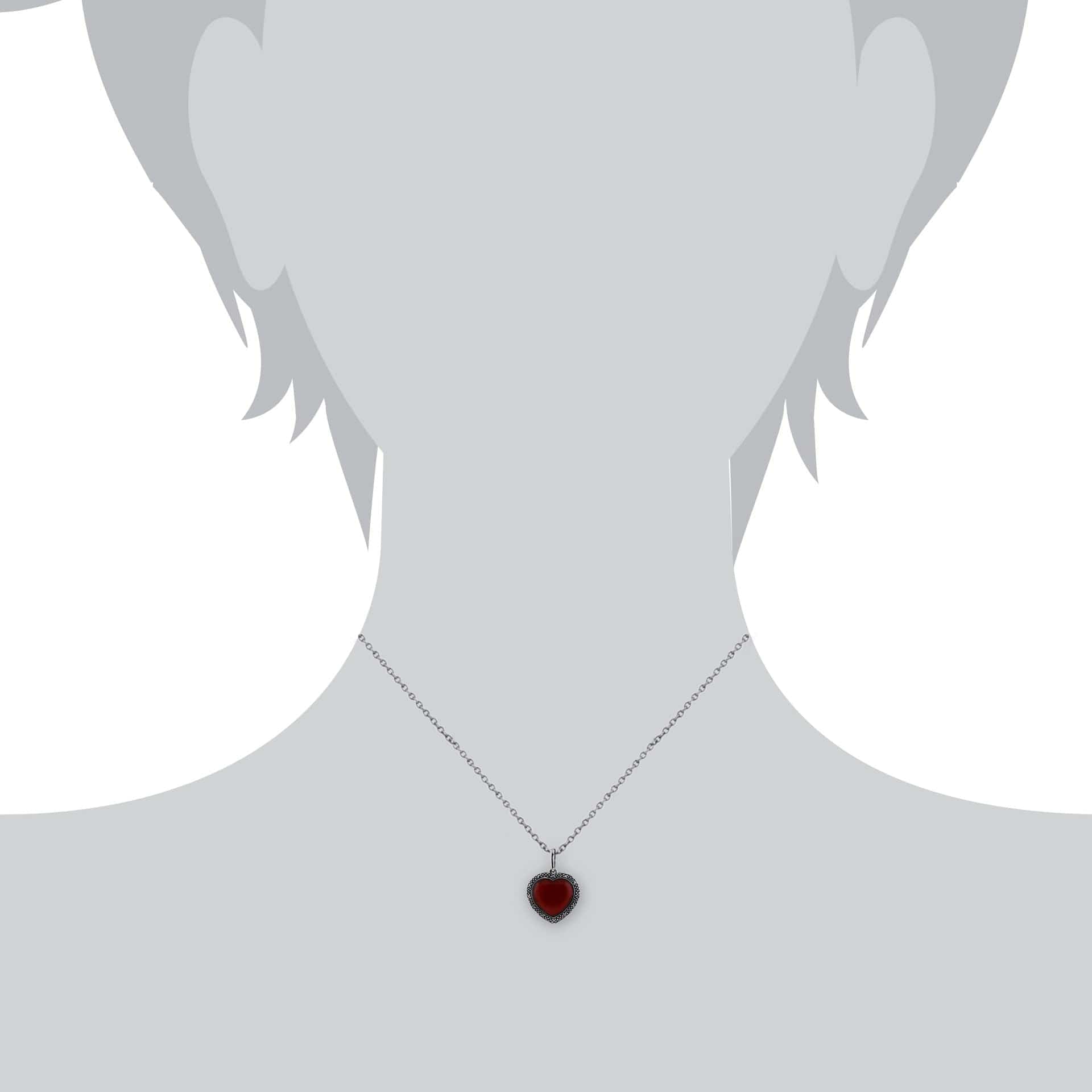 Art Deco Style Heart Carnelian & Marcasite Halo Love Heart Pendant in 925 Sterling Silver - Gemondo
