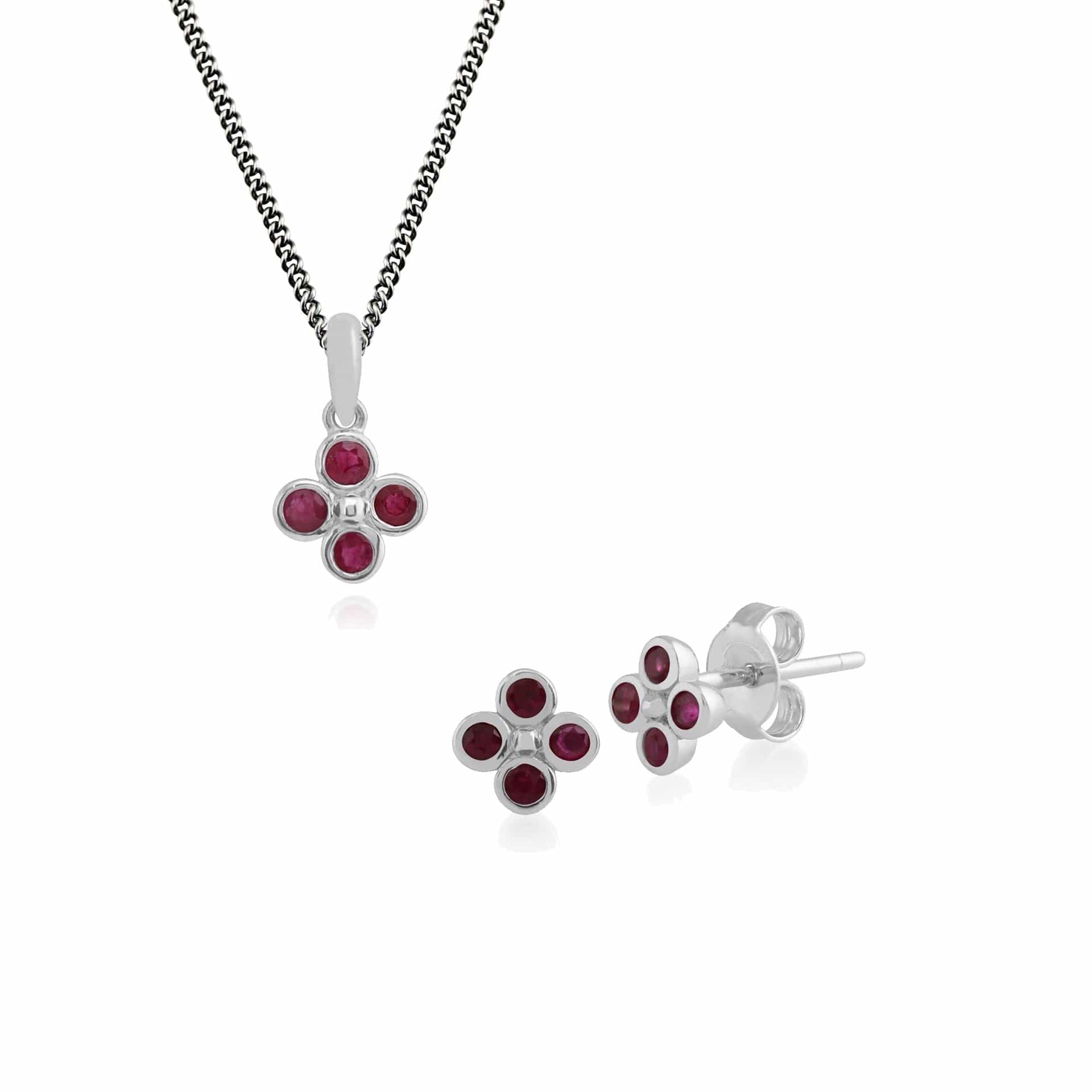 270E020402925-270P022002925 Floral Round Ruby Clover Stud Earrings & Pendant Set in 925 Sterling Silver 1