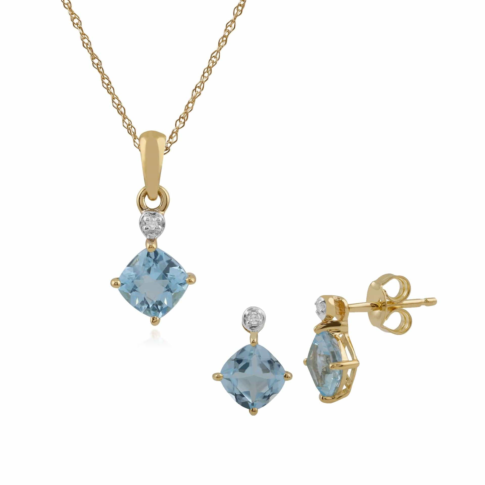 135E1294059-135P1642049 Classic Cushion Blue Topaz & Diamond Stud Earrings & Pendant Set in 9ct Yellow Gold 1
