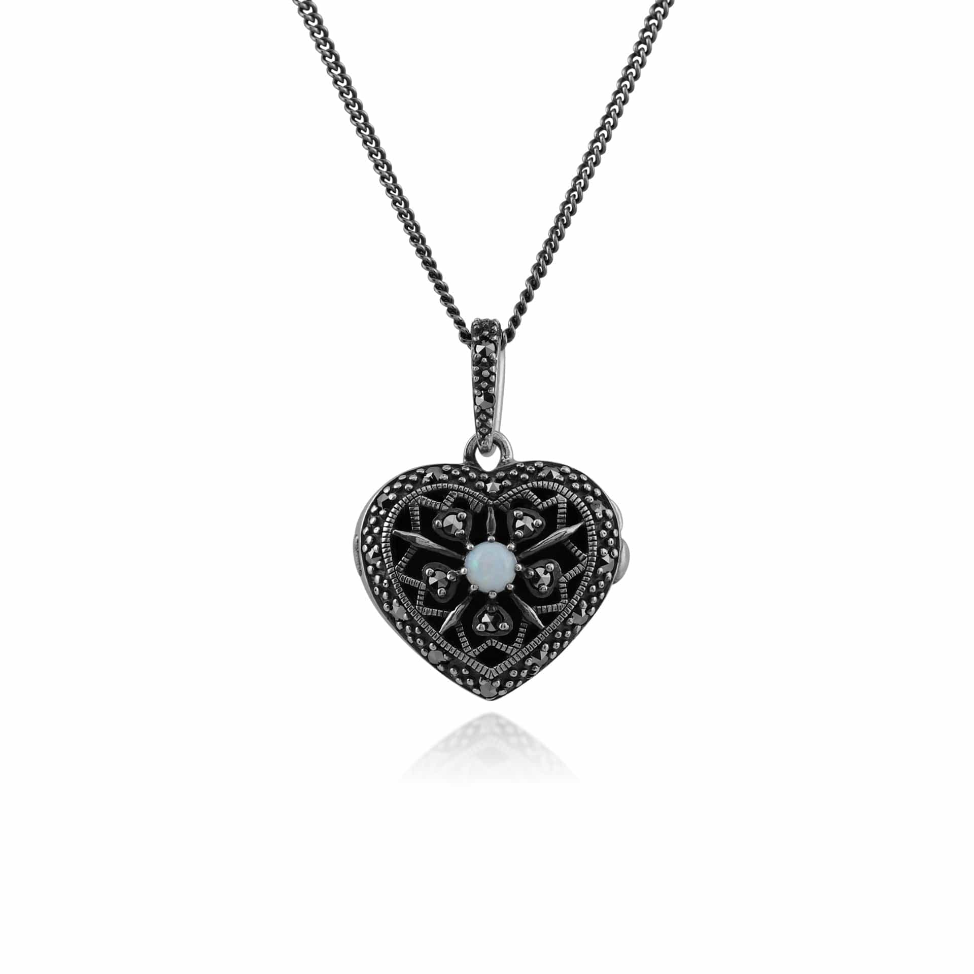 Art Nouveau Style Round Opal & Marcasite Heart Necklace 