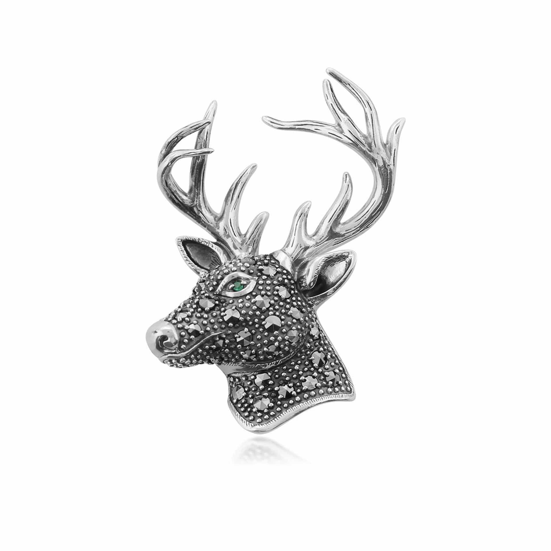 Classic Round Marcasite & Emerald Stag Brooch in 925 Sterling Silver - Gemondo
