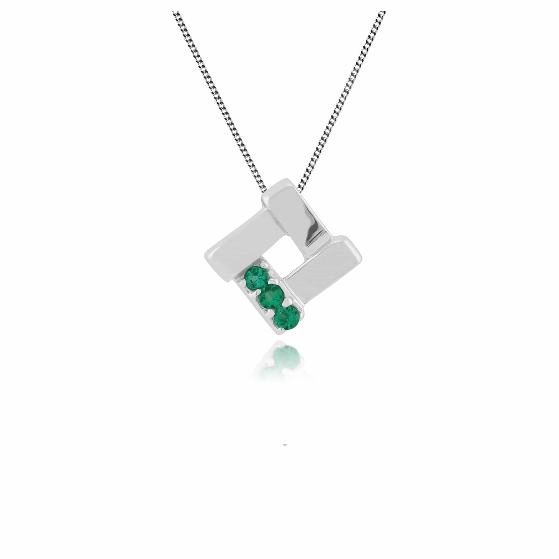 Classic Round Emerald Three Stone Square Crossover Pendant in 925 Sterling Silver - Gemondo