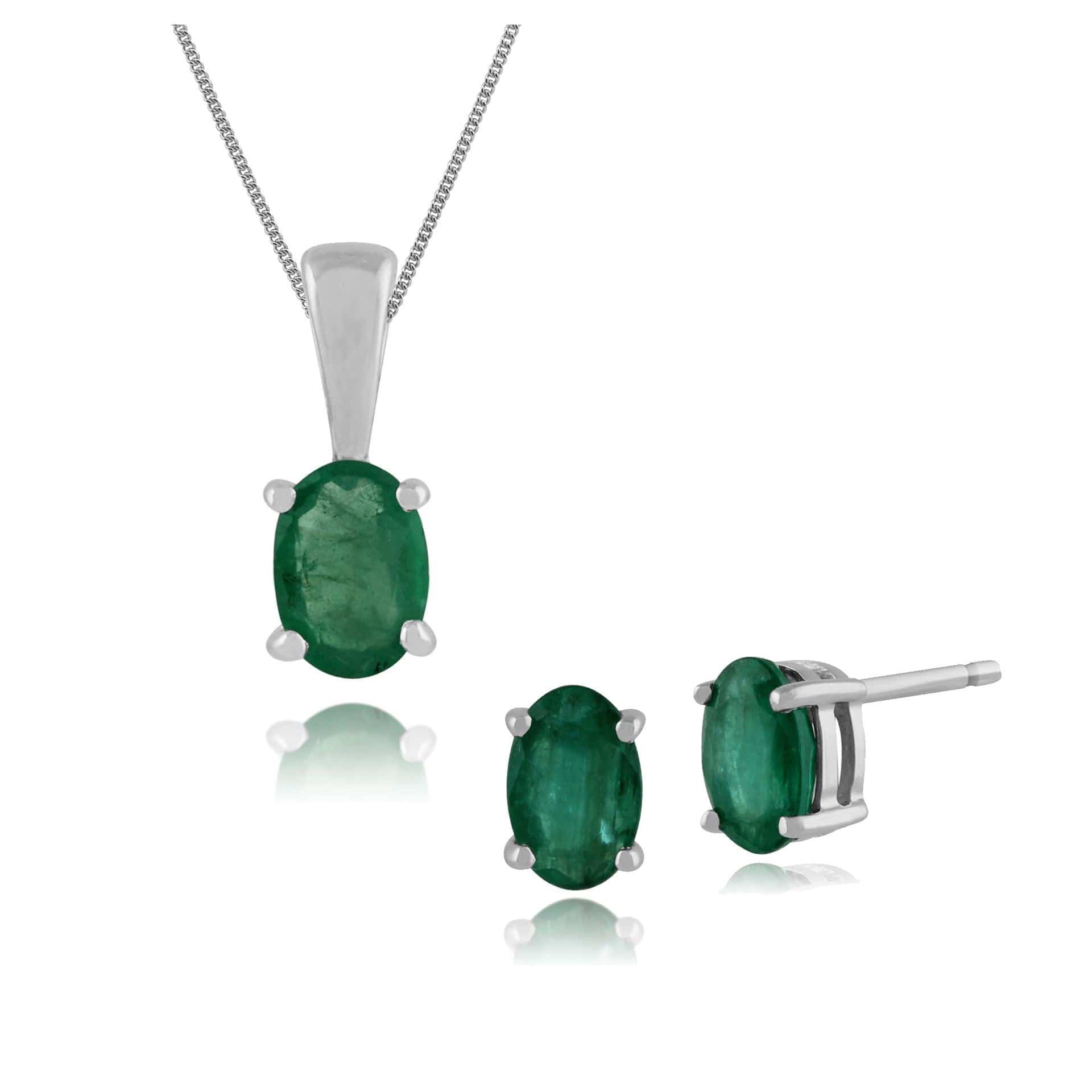 117E0017079-117P0013069 Classic Oval Emerald Single Stone Stud Earrings & Pendant in 9ct White Gold 1