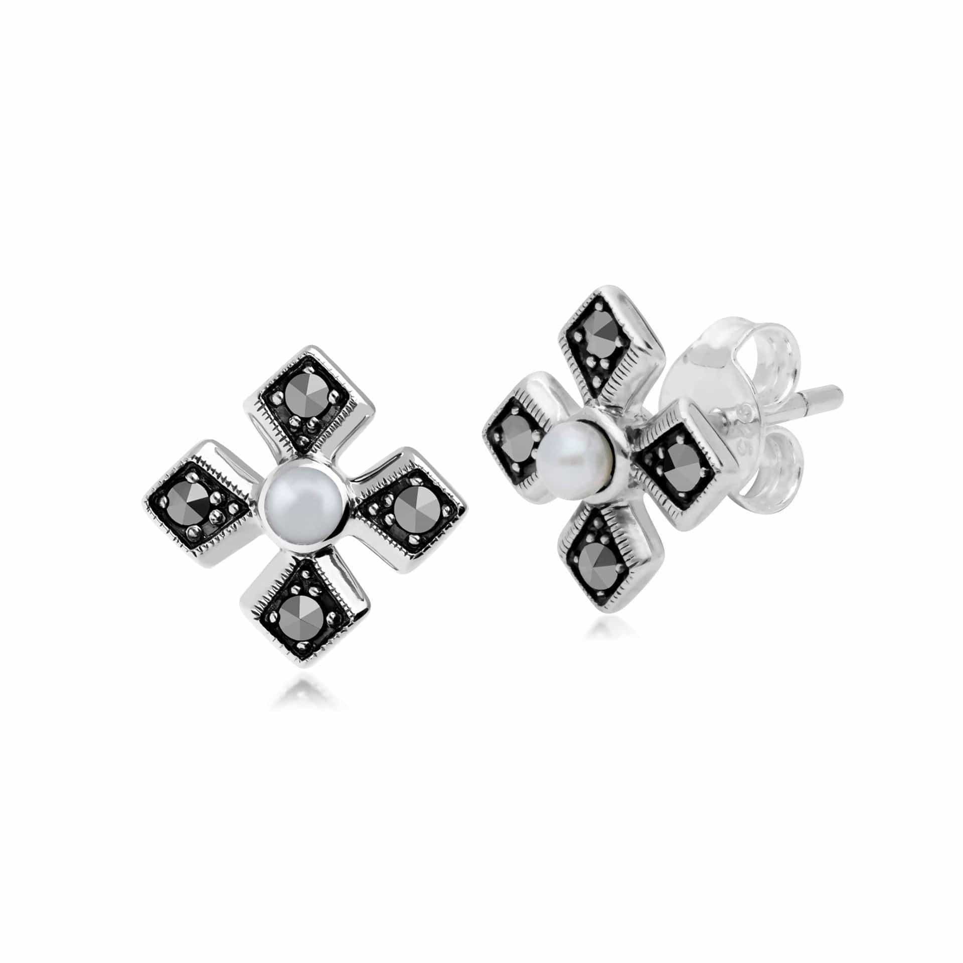Art Deco Pearl & Marcasite Gothic Studs 