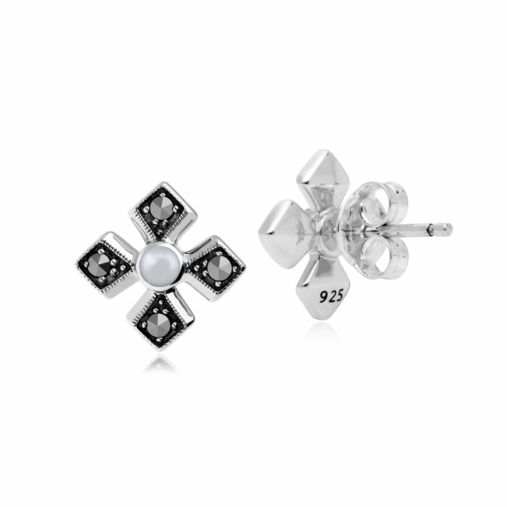 Art Deco Pearl & Marcasite Gothic Studs 