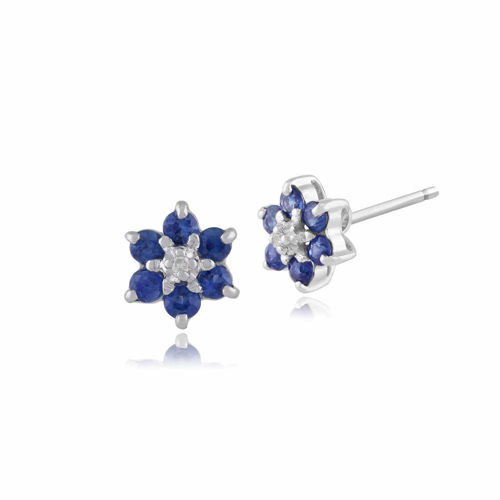 Classic Floral Sapphire & Diamond Cluster Stud Earrings 9ct White Gold