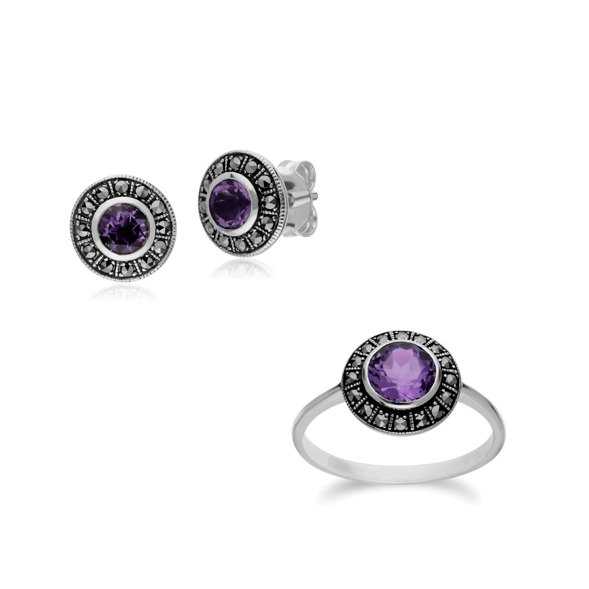 Art Deco Style Round Amethyst and Marcasite Cluster Stud Earrings & Ring Set in 925 Sterling Silver - Gemondo