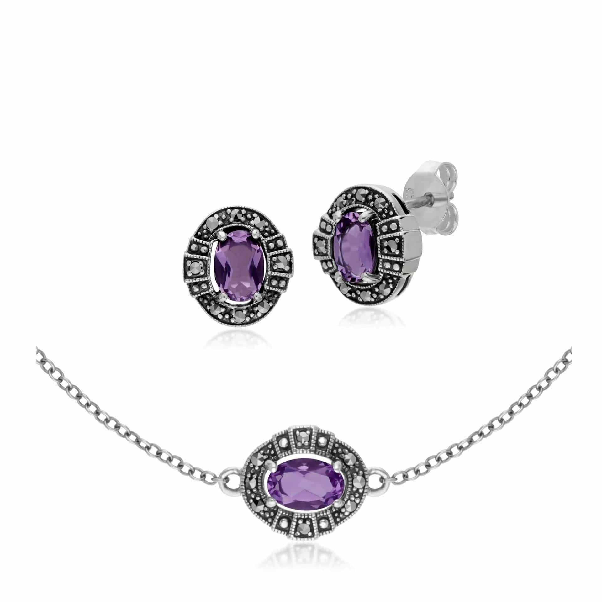 Art Deco Style Oval Amethyst and Marcasite Cluster Stud Earrings & Bracelet Set in 925 Sterling Silver - Gemondo