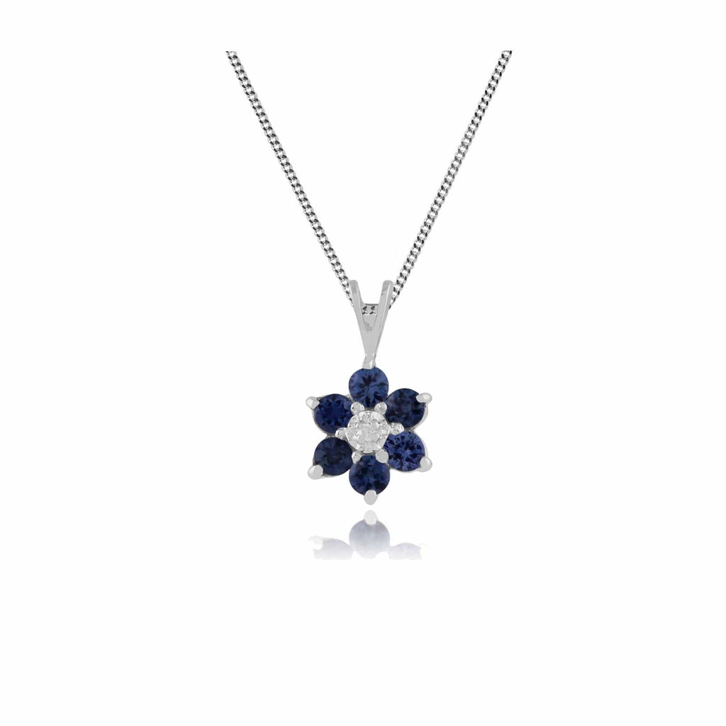 Floral Round Sapphire & Diamond Cluster Pendant 9ct White Gold