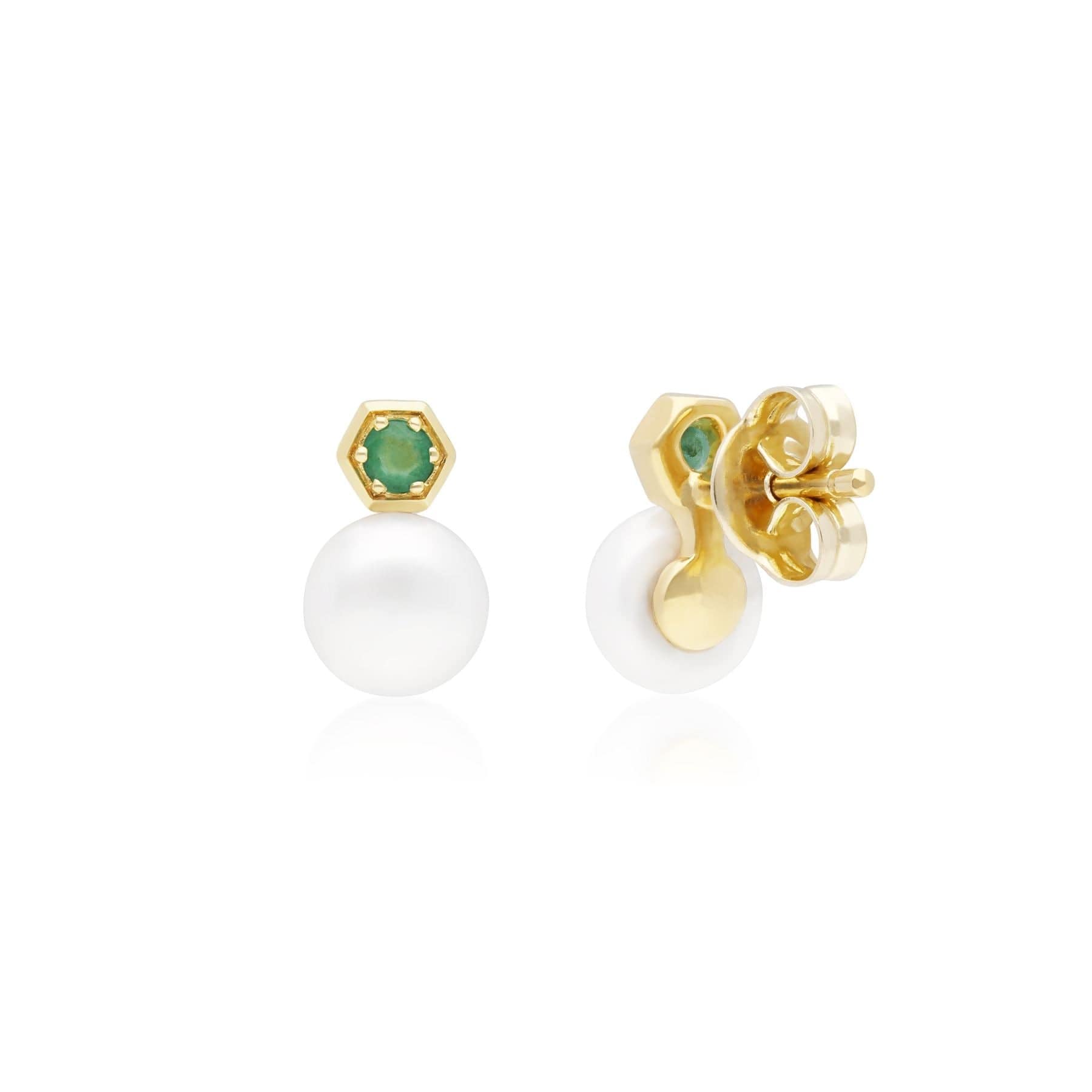 Modern Pearl & Emerald Stud Earrings in 9ct Gold - Gemondo