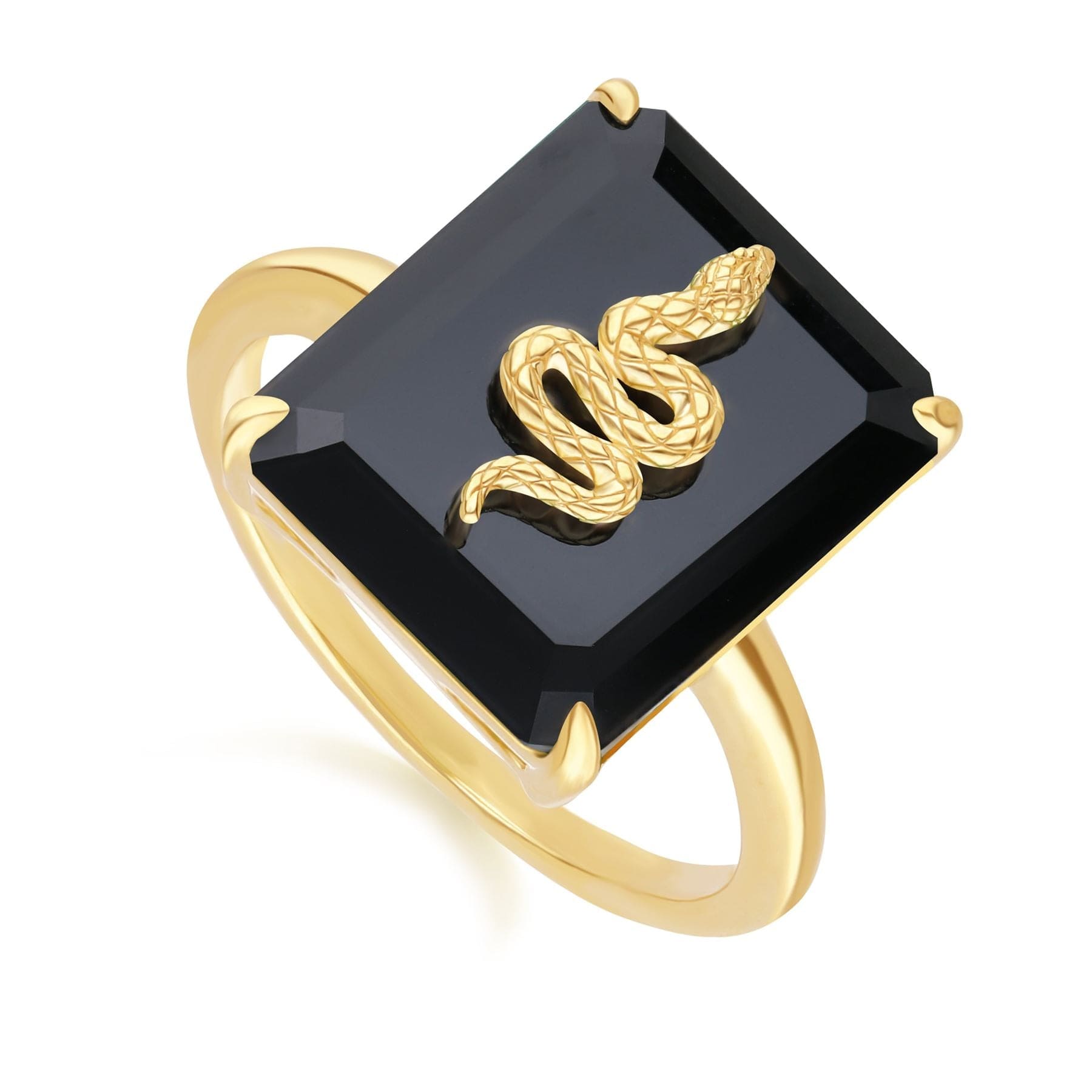 Grand Deco Black Onyx Snake Ring in Gold Plated Sterling Silver - Gemondo